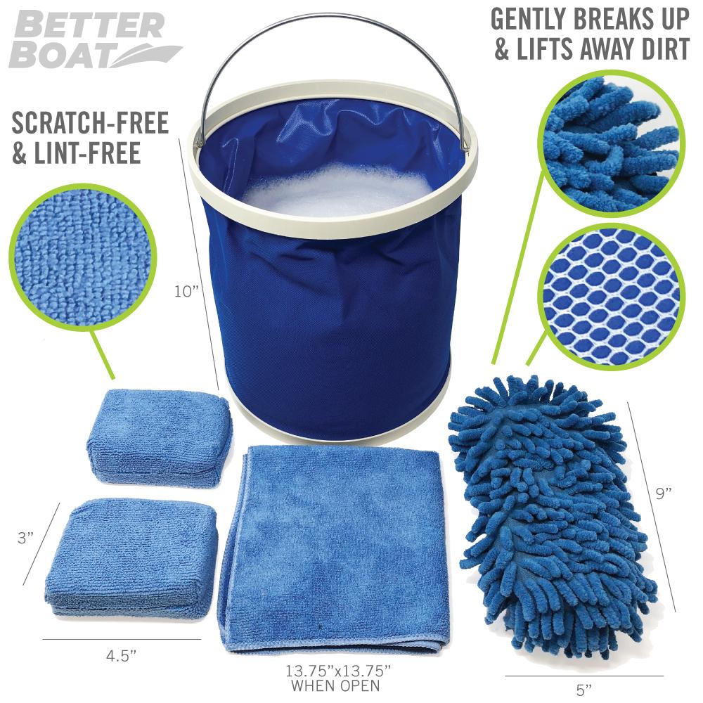 Boat Cleaner Microfiber Sponge Bucket and Microfiber Wash Cloths | Interior Exterior SEATS and Fiberglass Hull Cleaning Kit Washing Sponges