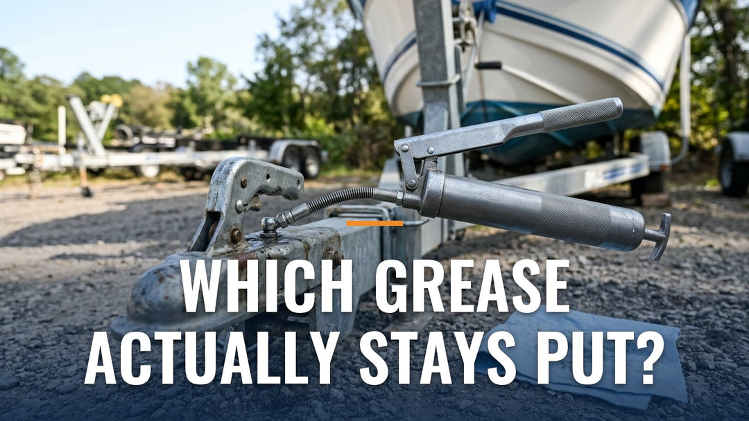 Grease gun attached to a boat trailer coupler fitting, with the words "Which Grease Actually Stays Put?"
