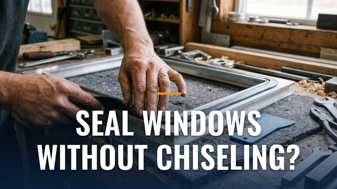 Hands pressing black butyl tape around the corner of a window frame on a workbench, with the words "Seal Windows Without Chiseling?"