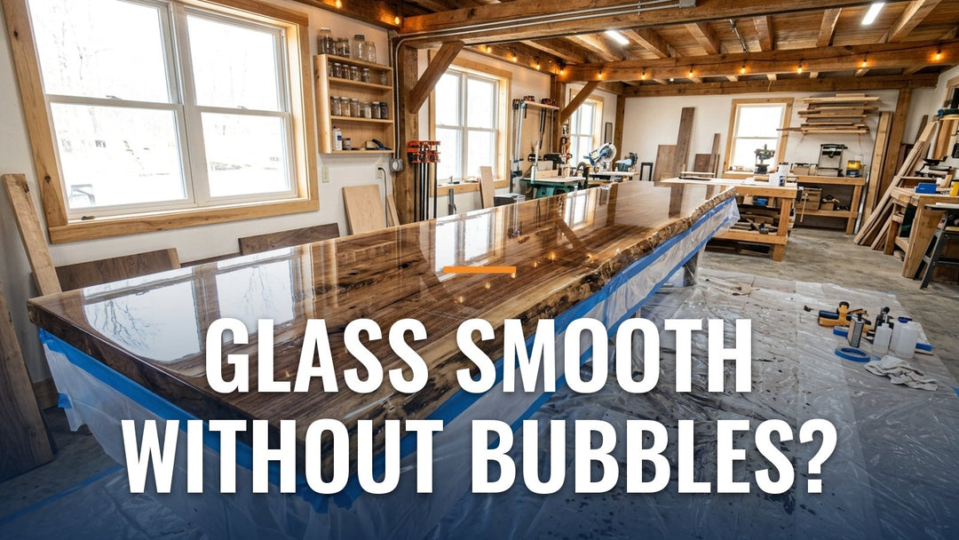 Glossy clear epoxy poured over a wooden bar top in a workshop, with the words "Glass Smooth Without Bubbles?"