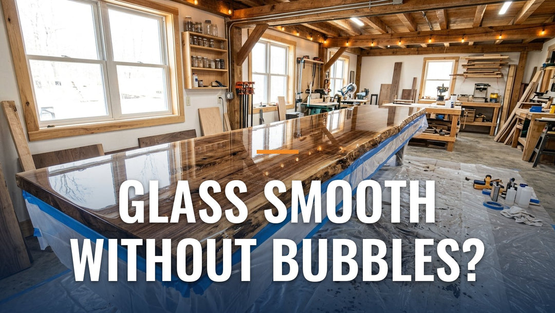Glossy clear epoxy poured over a wooden bar top in a workshop, with the words "Glass Smooth Without Bubbles?"