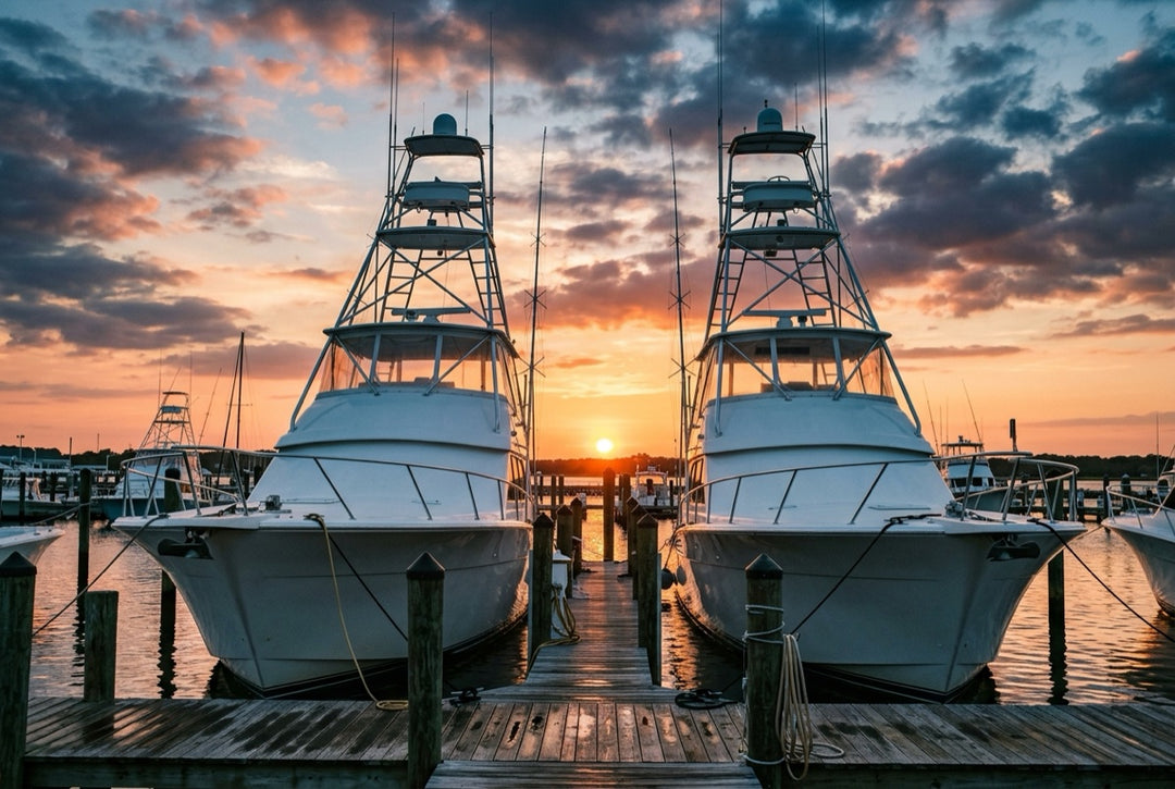 Sportfishing boats with tuna towers docked at a marina at sunset