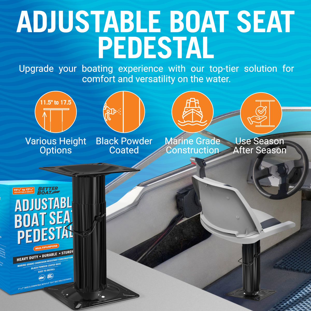 Luocute Boat Seat Pedestal Mount Kit - Adjustable Stainless Steel 400-500mm, Rotatable Base