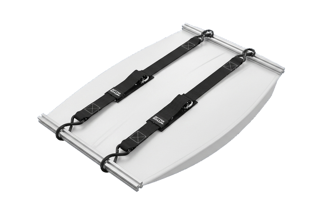 Better Boat trailer straps securing a white boat hull on a trailer