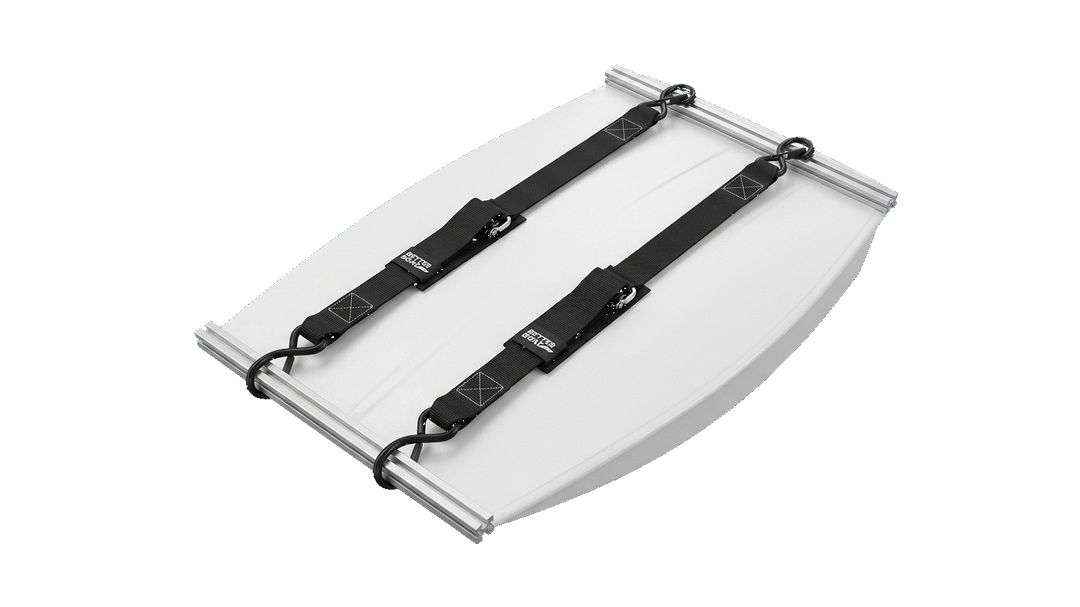 Better Boat trailer straps securing a white boat hull on a trailer