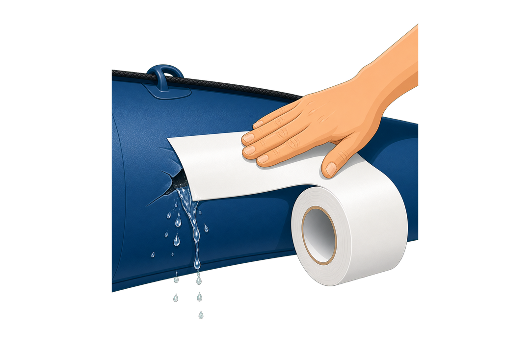 Waterproof tape sealing a tear in marine vinyl