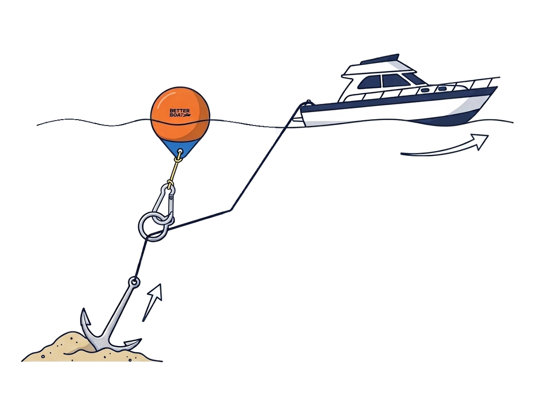 Diagram showing the anchor buoy ring clipped around the anchor line, floating the anchor free as the boat drives away