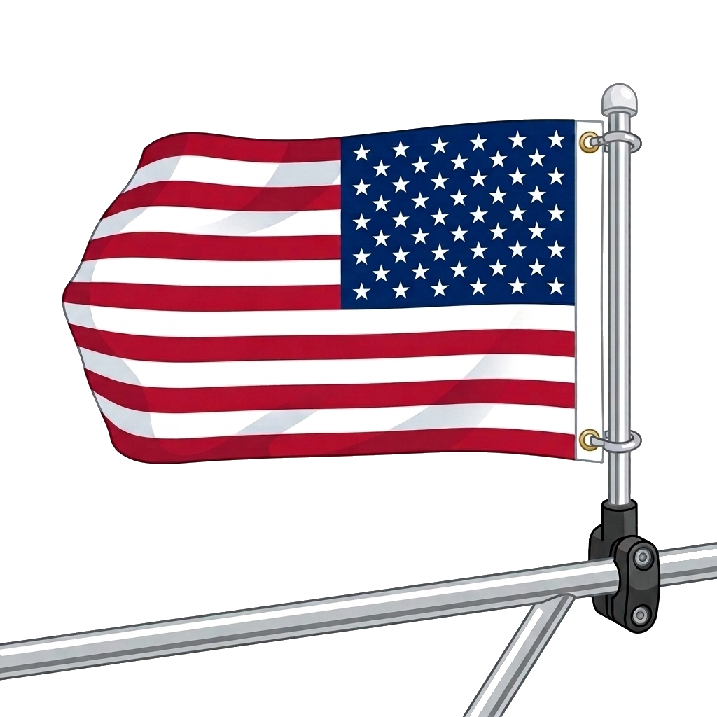 American boat flag flying on a pole clamped to a boat rail