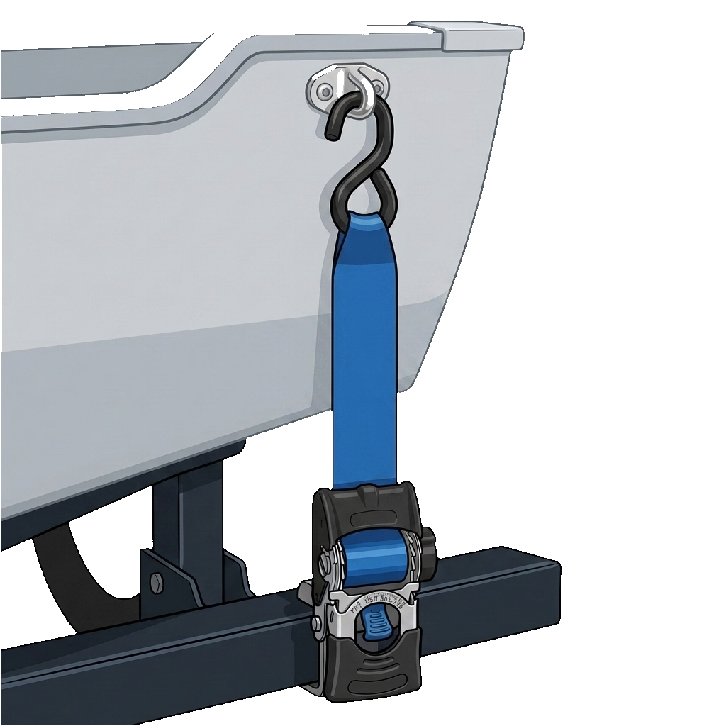Retractable ratchet strap securing the transom of a boat to the trailer