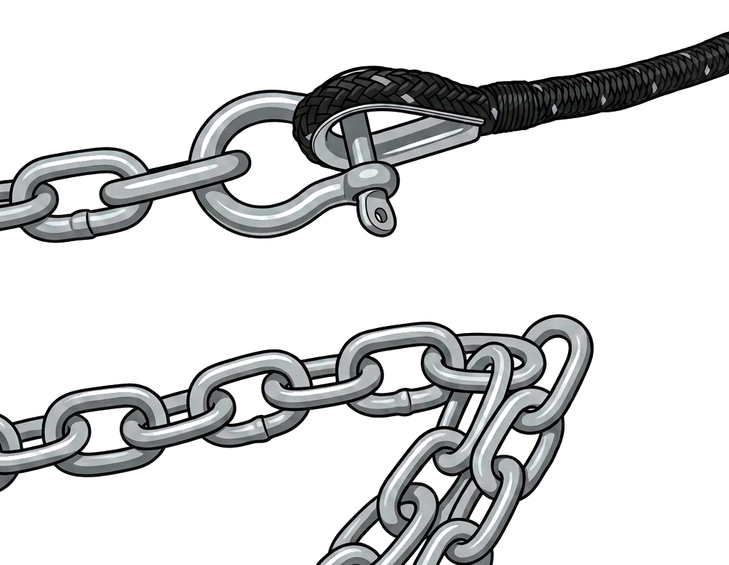Better Boat anchor line thimble connected to a shackle and anchor chain