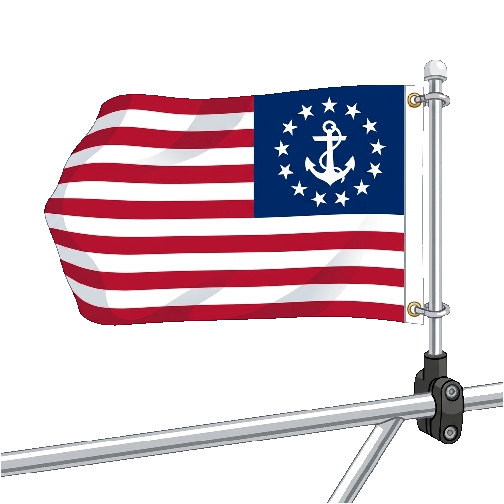 yacht ensign flag flying on a pole clamped to a boat rail