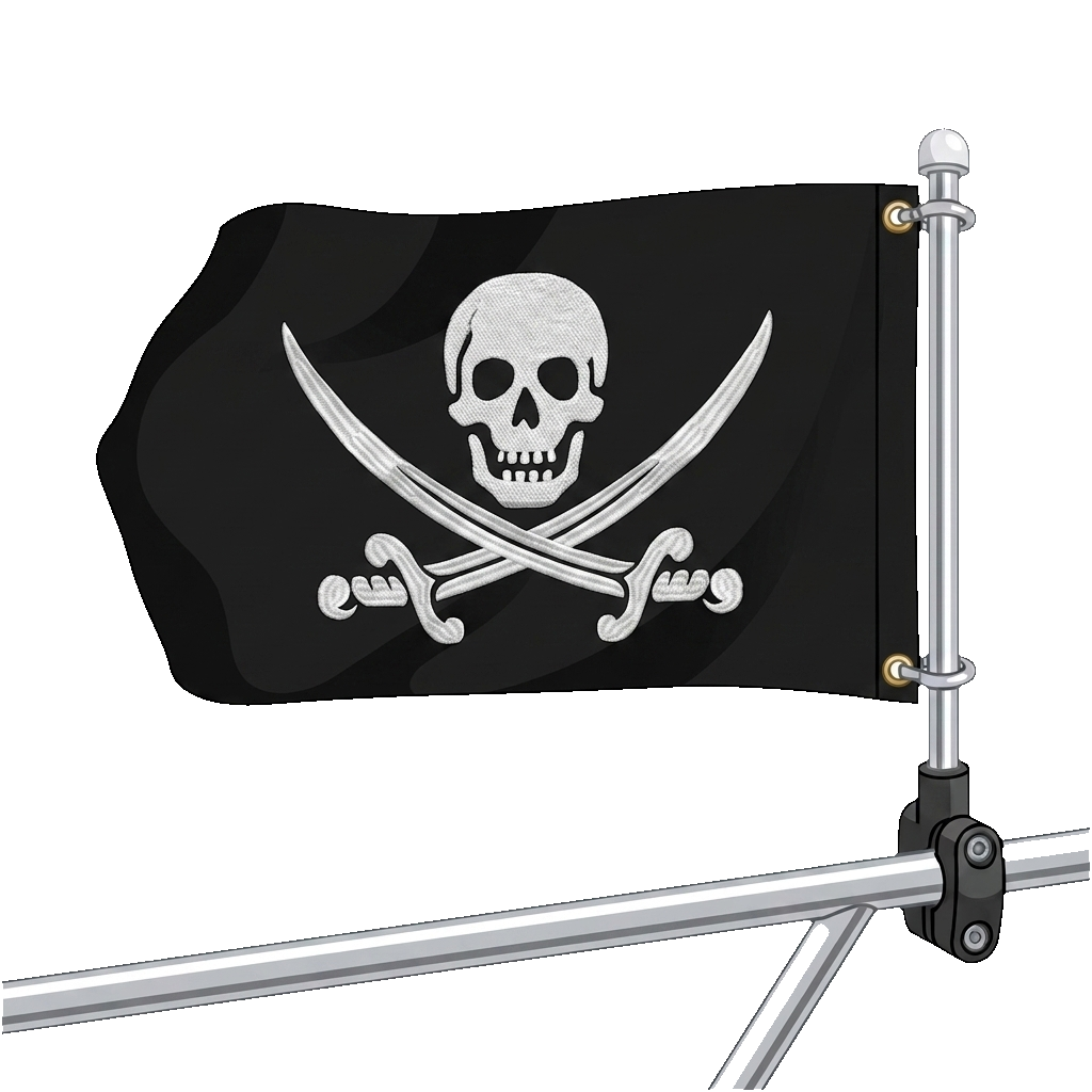 pirate flag flying on a pole clamped to a boat rail