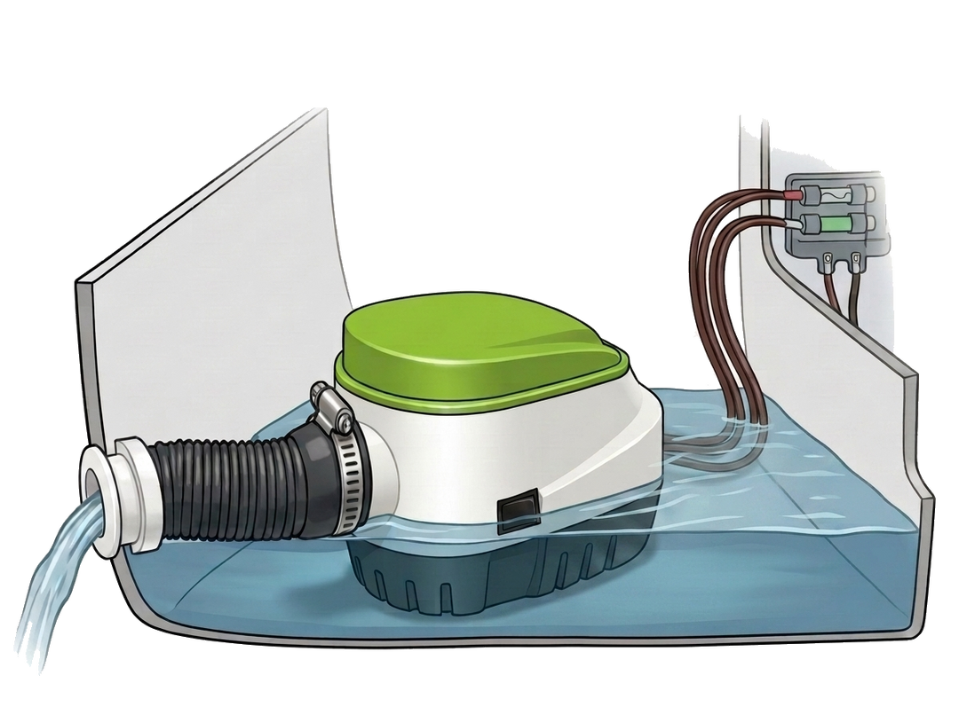 Automatic bilge pump in a boat bilge pumping water out through a hull fitting