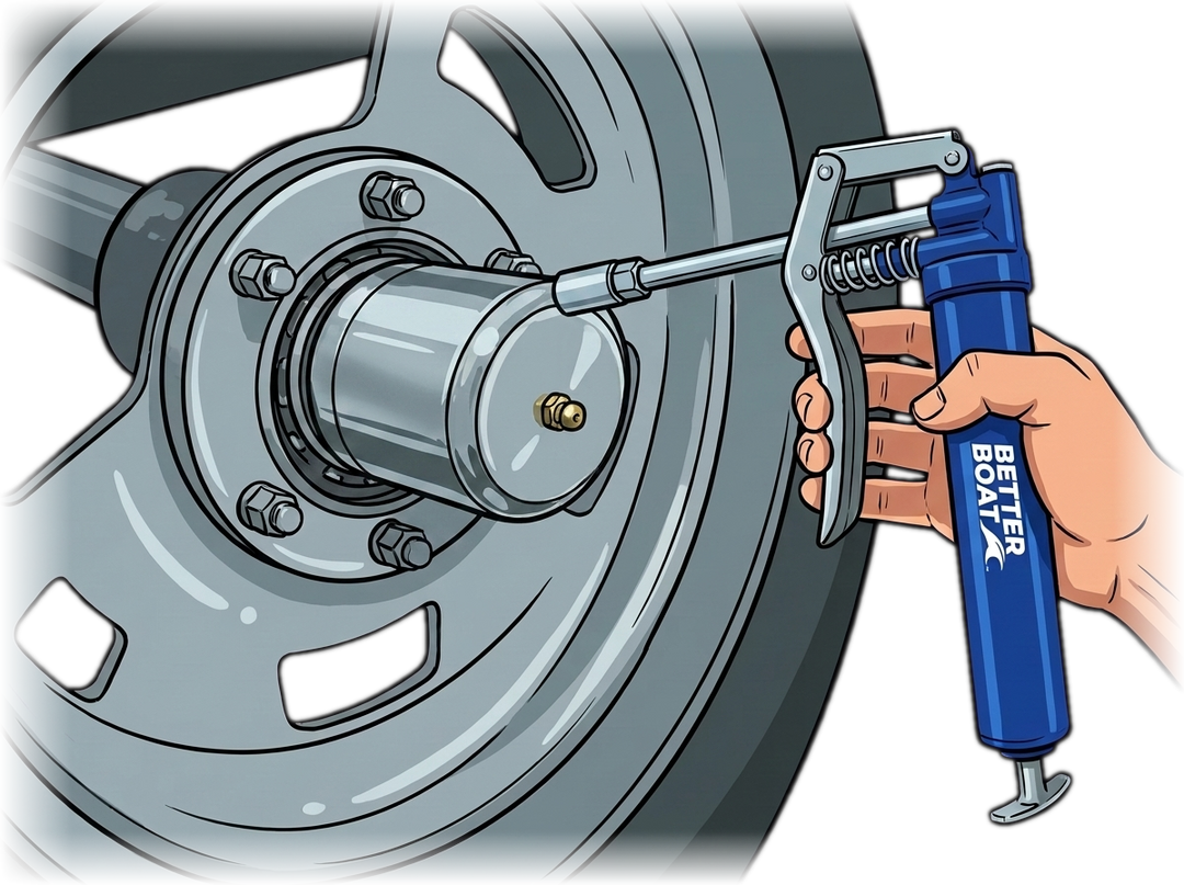 Greasing a boat trailer wheel bearing cap with the Better Boat mini grease gun