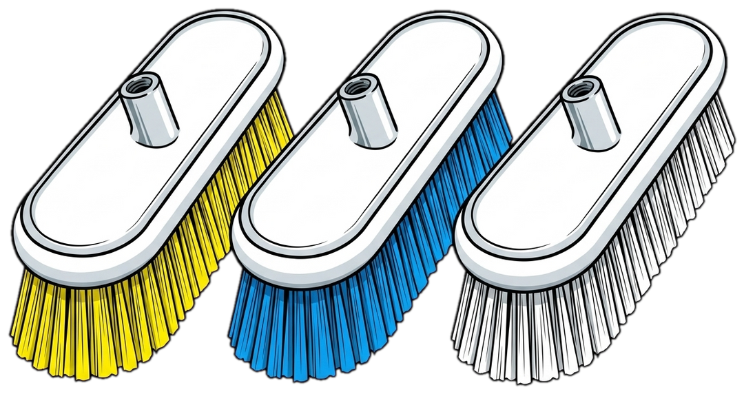 Better Boat deck brush heads in soft yellow, medium blue, and firm white bristles