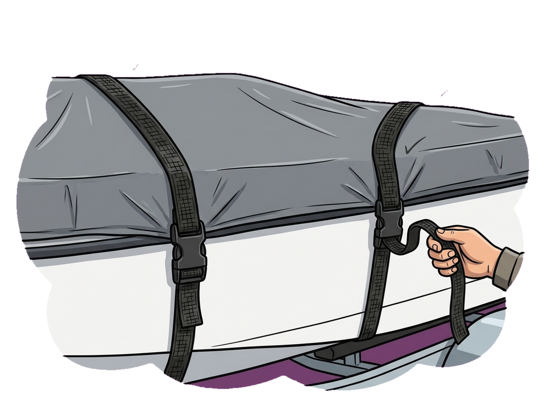 Boat cover strapped down with quick-release buckle straps