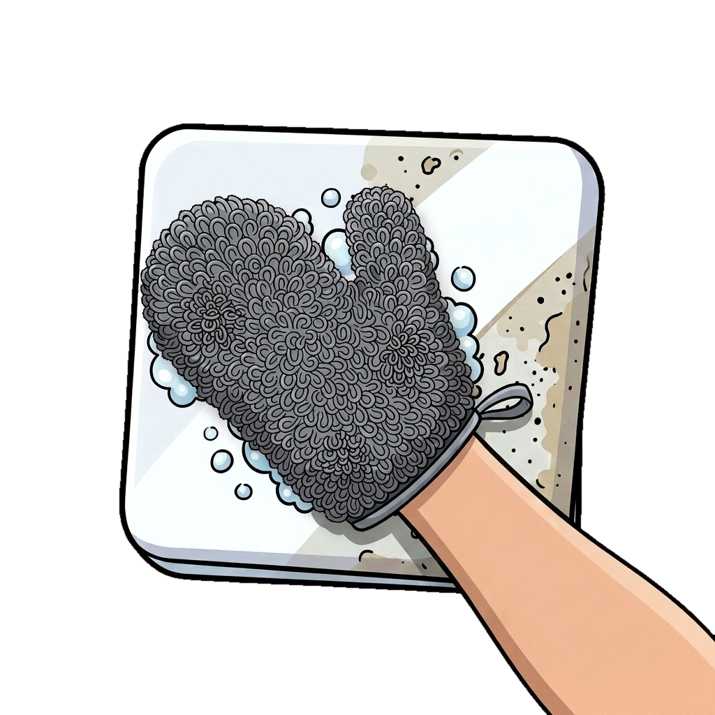Hand in the scrub glove scrubbing a crusty surface clean