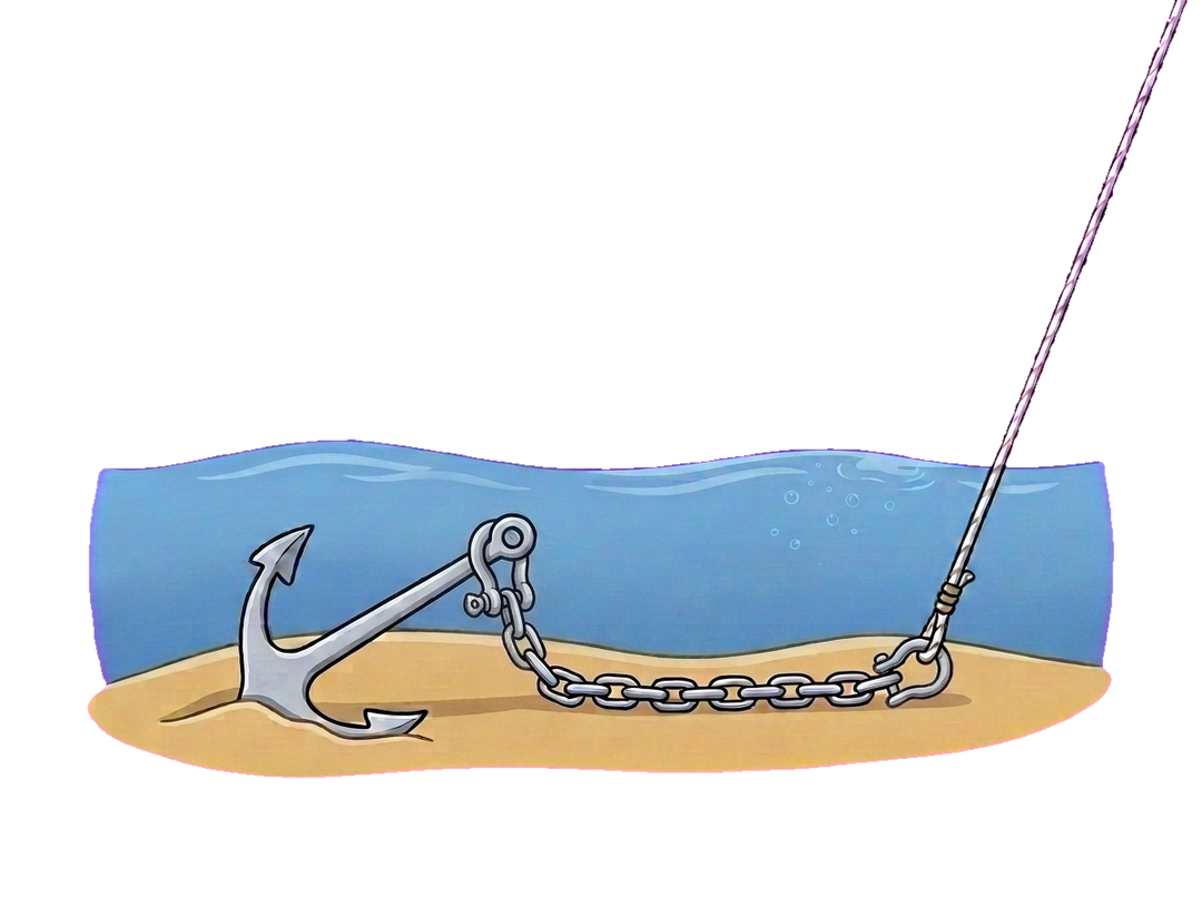 Anchor set in the sand with chain along the bottom and rope rising to the surface