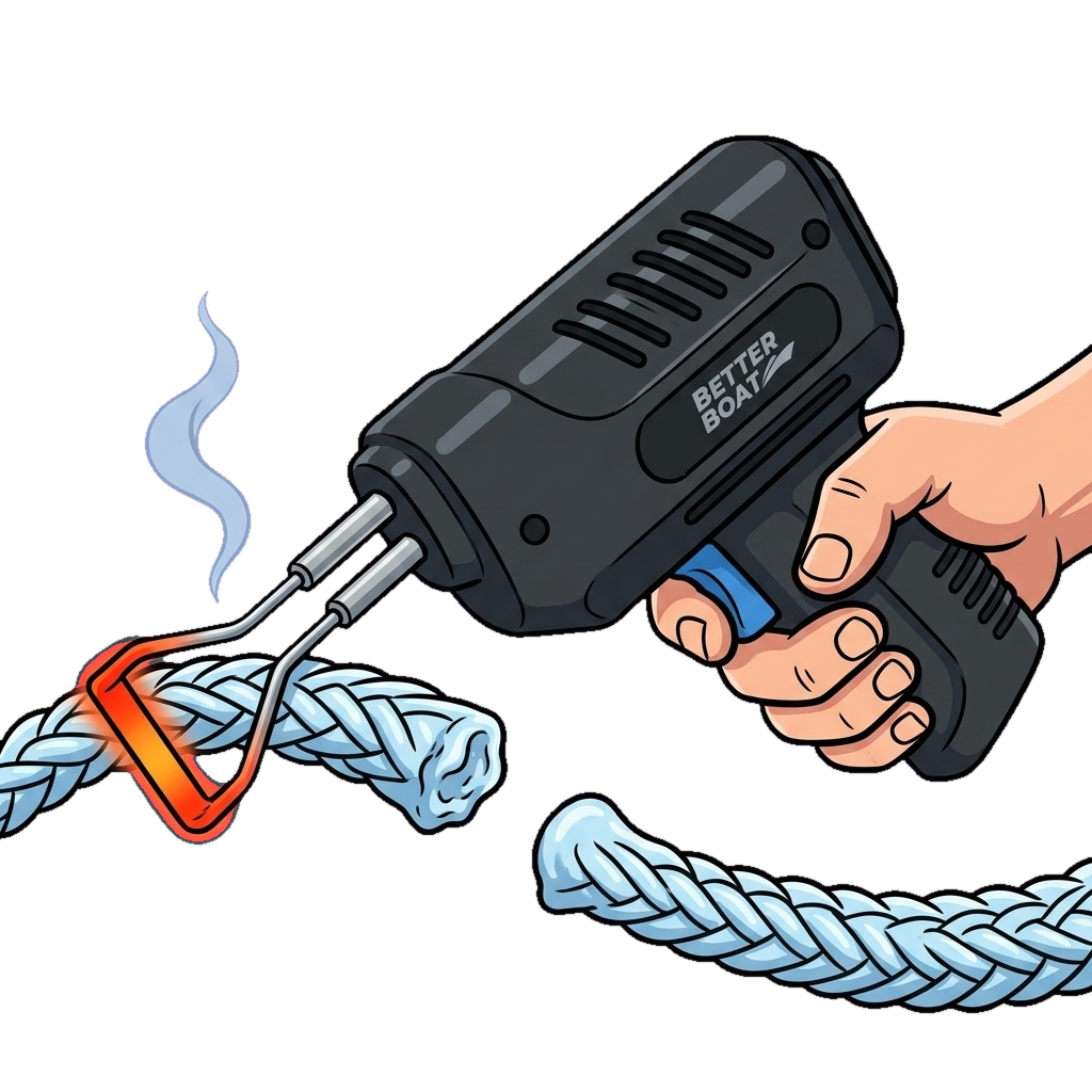 Hot knife blade cutting and sealing a synthetic rope in one pass