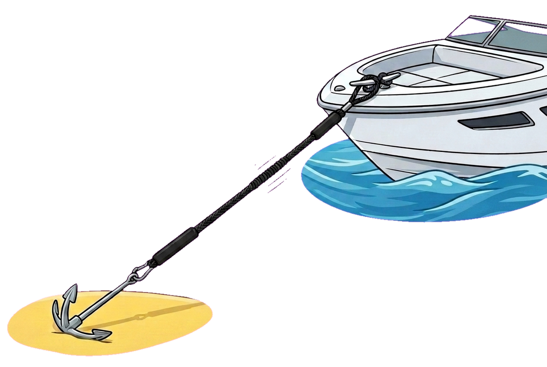 Bungee anchor line stretching between a boat cleat and a fluke anchor in the sand