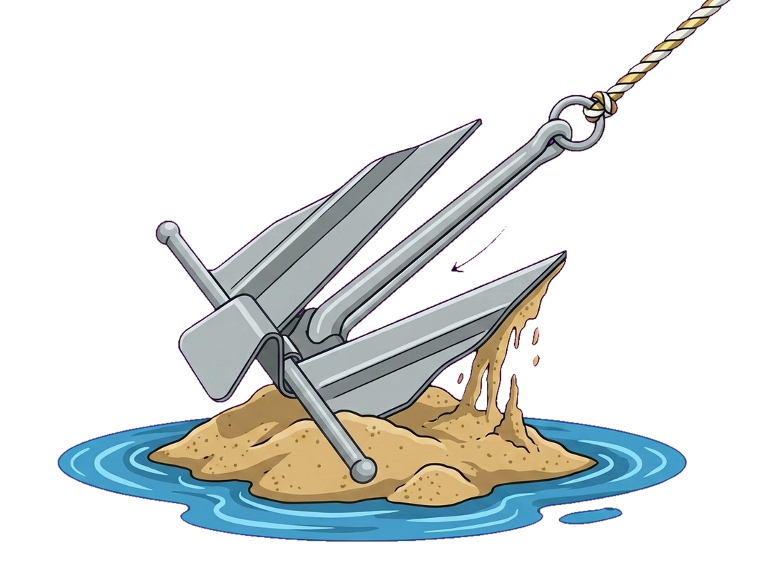 Slip-ring fluke anchor levering out of the sand as the rope pulls the slid-down ring