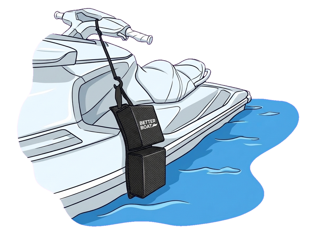 PWC fender hanging by its strap down the side of a white jet ski hull