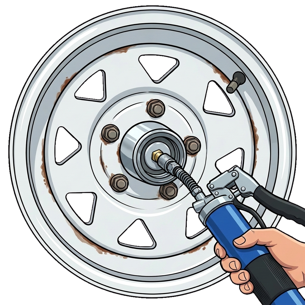 Grease gun topping off a trailer bearing grease cap through the center zerk