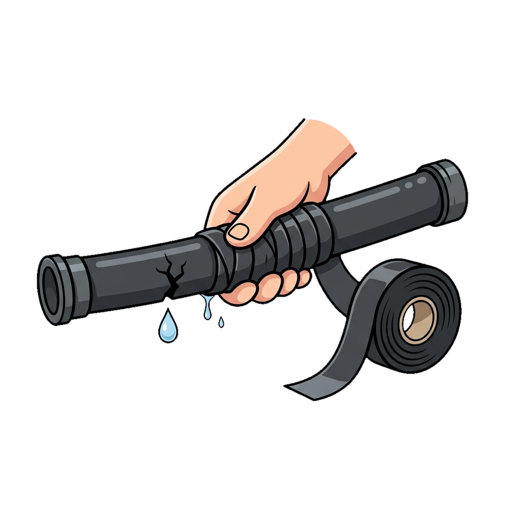 Silicone tape wrapped around a cracked pipe forming a watertight seal