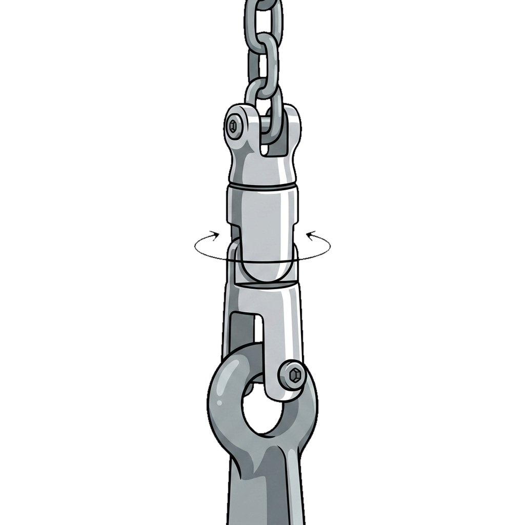 Anchor swivel connecting chain to a big anchor, spinning out twists