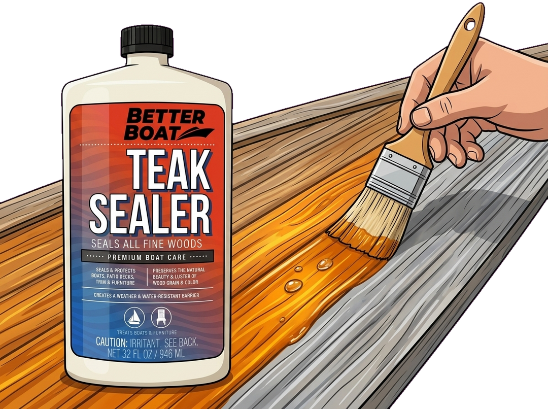 Brush applying teak sealer, weathered gray teak turning rich amber, with the bottle