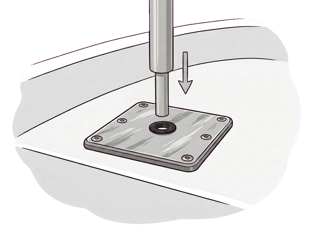Aluminum base plate bolted to a boat deck with a pedestal pin dropping into the center bushing