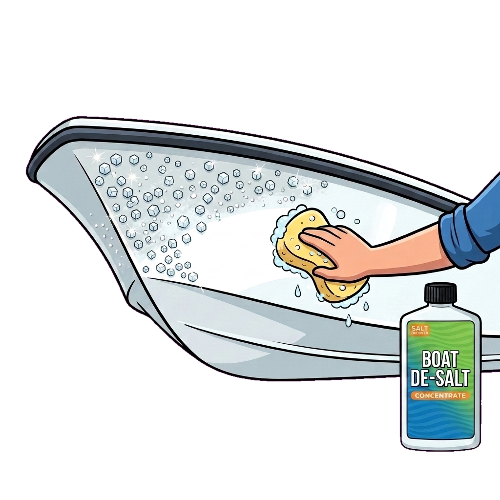 Hand wiping salt film off a boat hull with a De-Salt soaked sponge