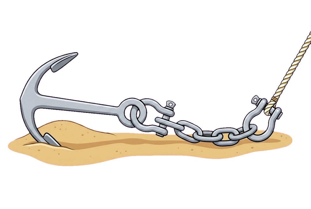 Anchor set in a sand patch with bow shackle through the eye, chain, second shackle and rope