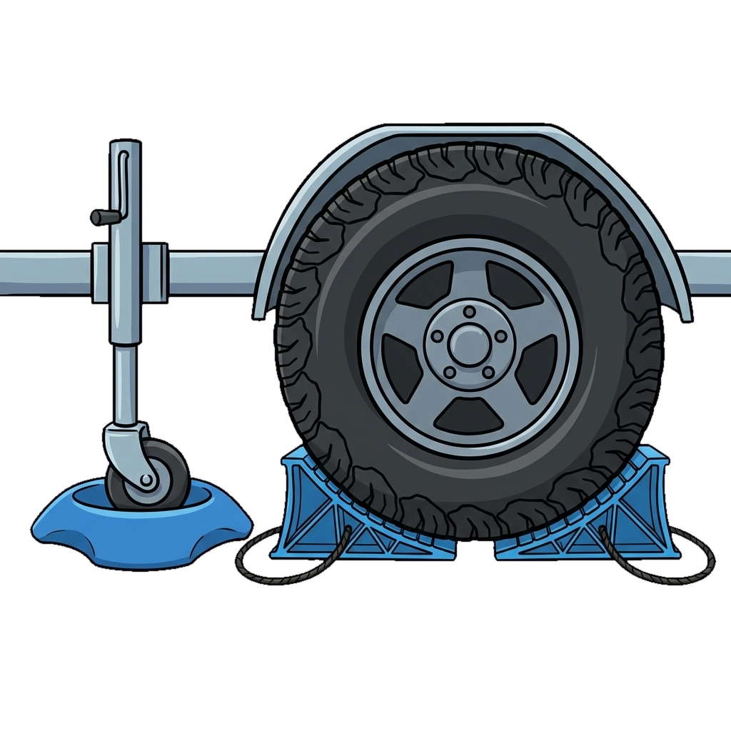 Wheel chocks against a trailer tire and a wheel dock cradling the tongue jack wheel