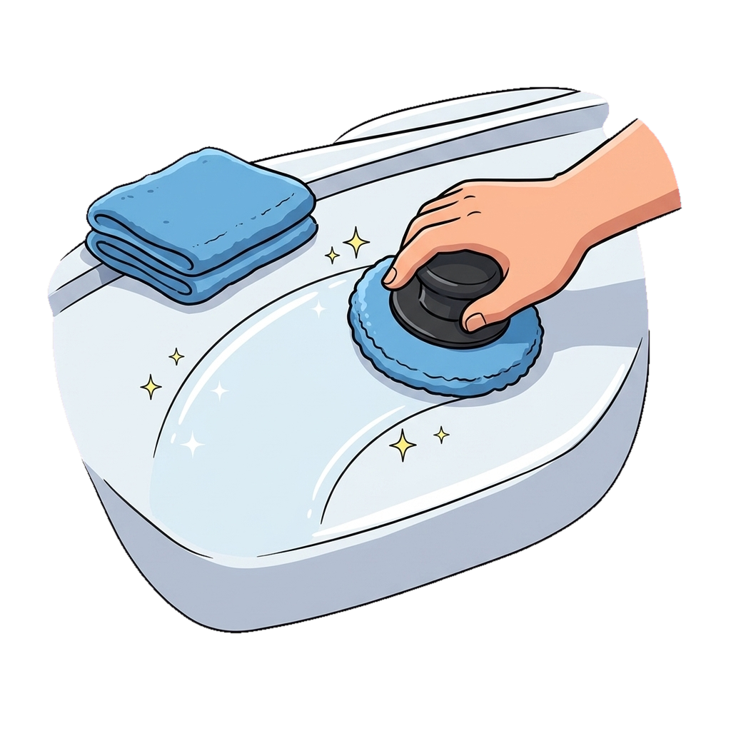 Hand spreading wax evenly with a microfiber applicator pad on a boat hull