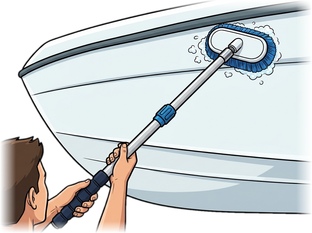 Using the Better Boat extension pole with a deck brush to reach up a boat hull