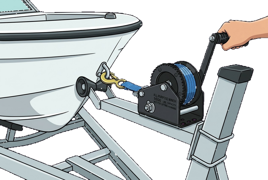 Boat trailer winch mounted on the trailer post, strap hooked to the boat bow eye, hand cranking