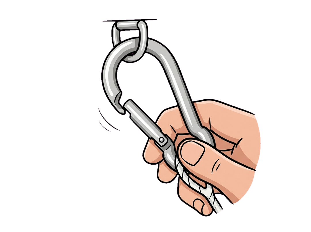 Spring gate carabiner clip snapping a rope onto a ring, no knots