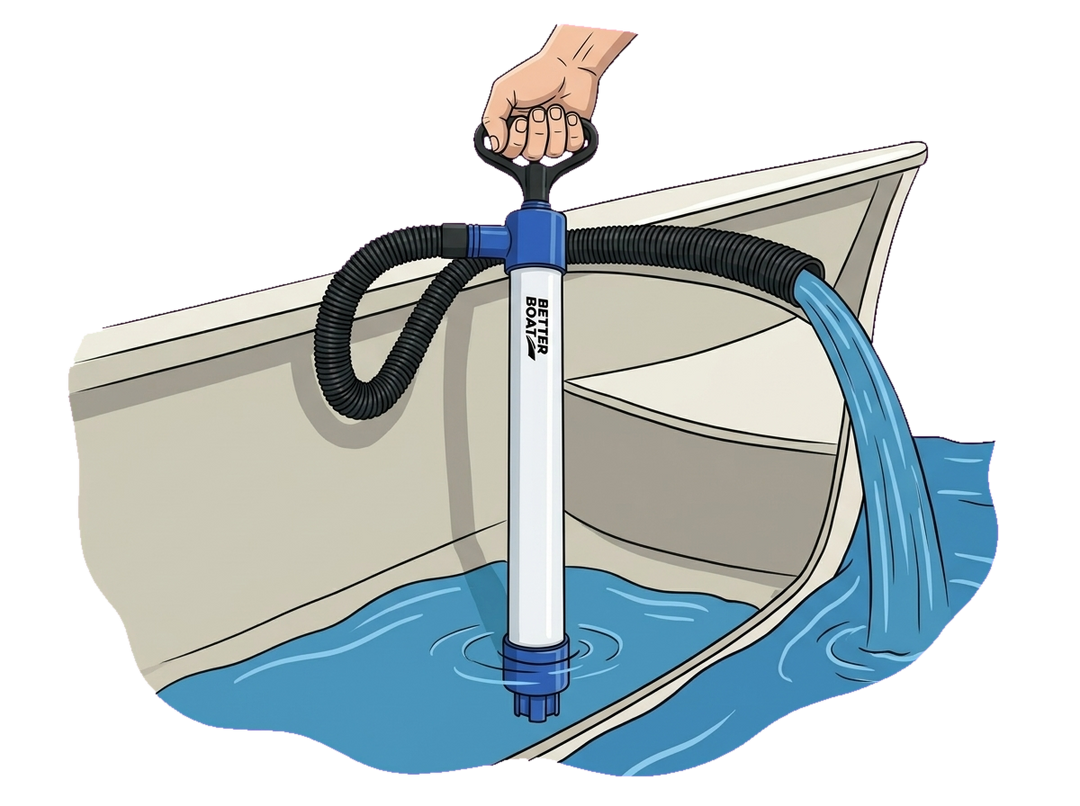 Manual bilge pump with filtered intake in the bilge water and hose discharging overboard
