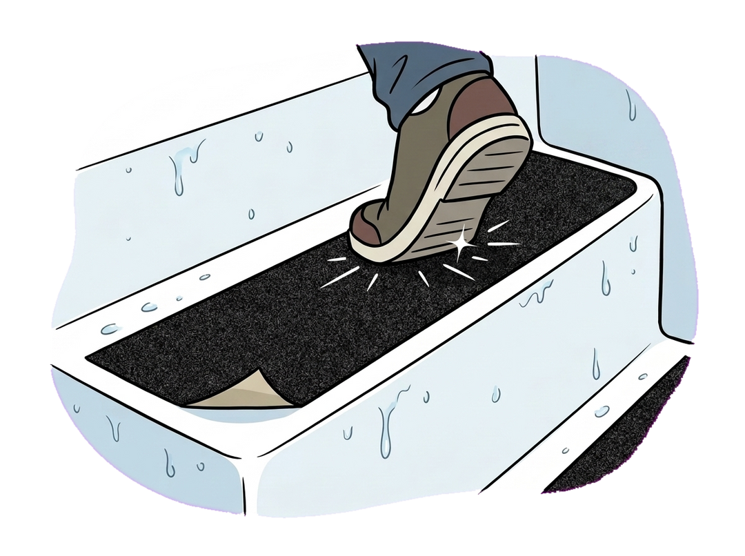 Anti-slip grip tape on a boat step with a foot gripping it firmly