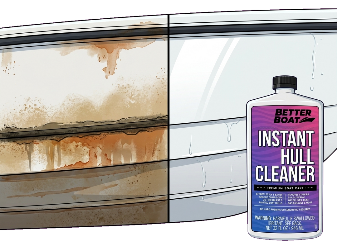 Boat hull waterline going from stained to clean white with Instant Hull Cleaner