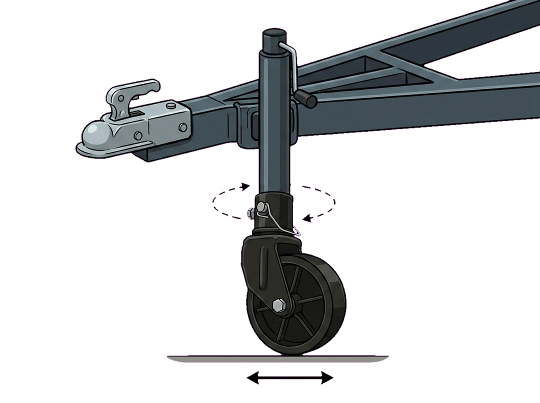 Swivel jack wheel on a trailer tongue jack rolling and swiveling to reposition the tongue