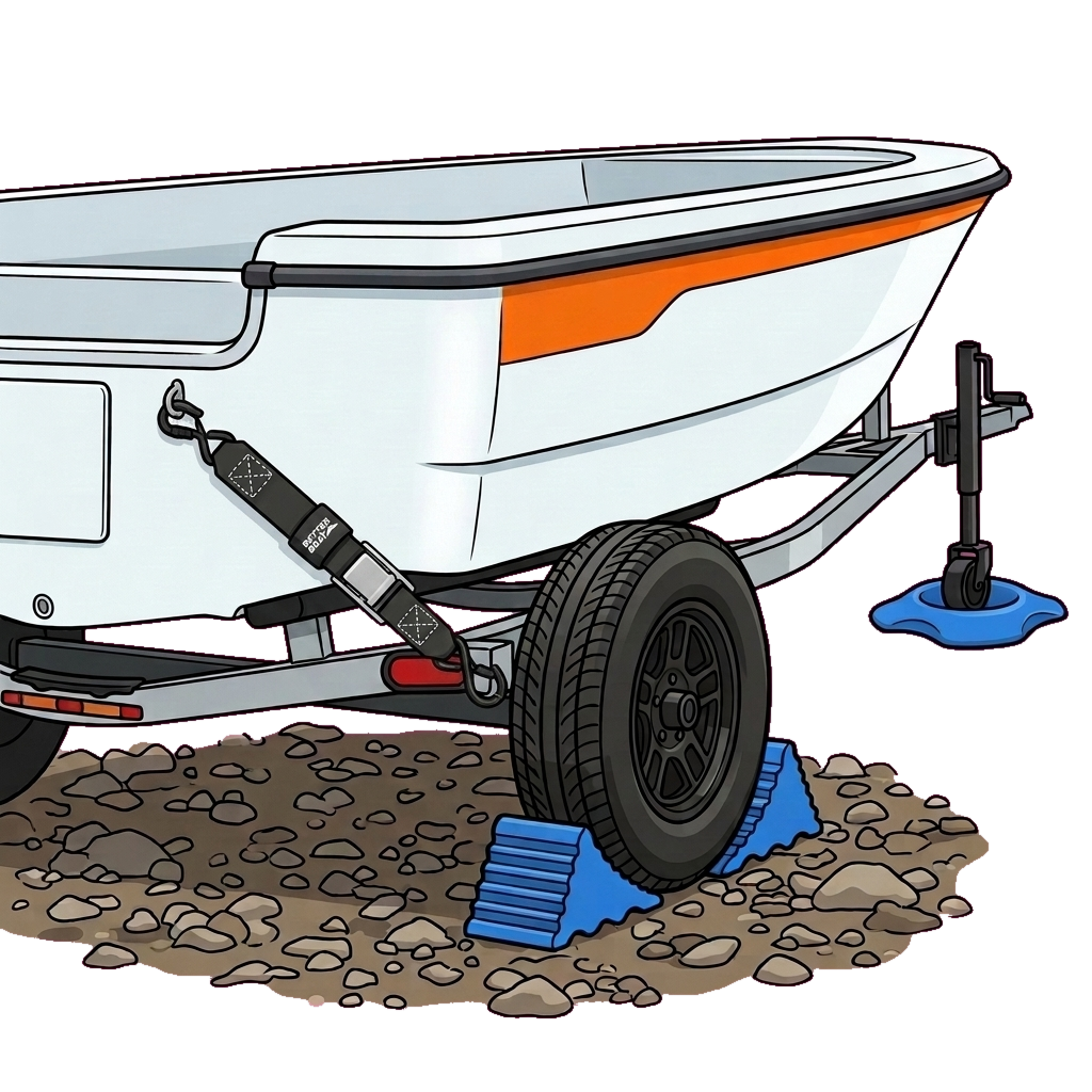 Trailer prepped with the kit: transom strap, chocks at the tire, jack wheel in the dock