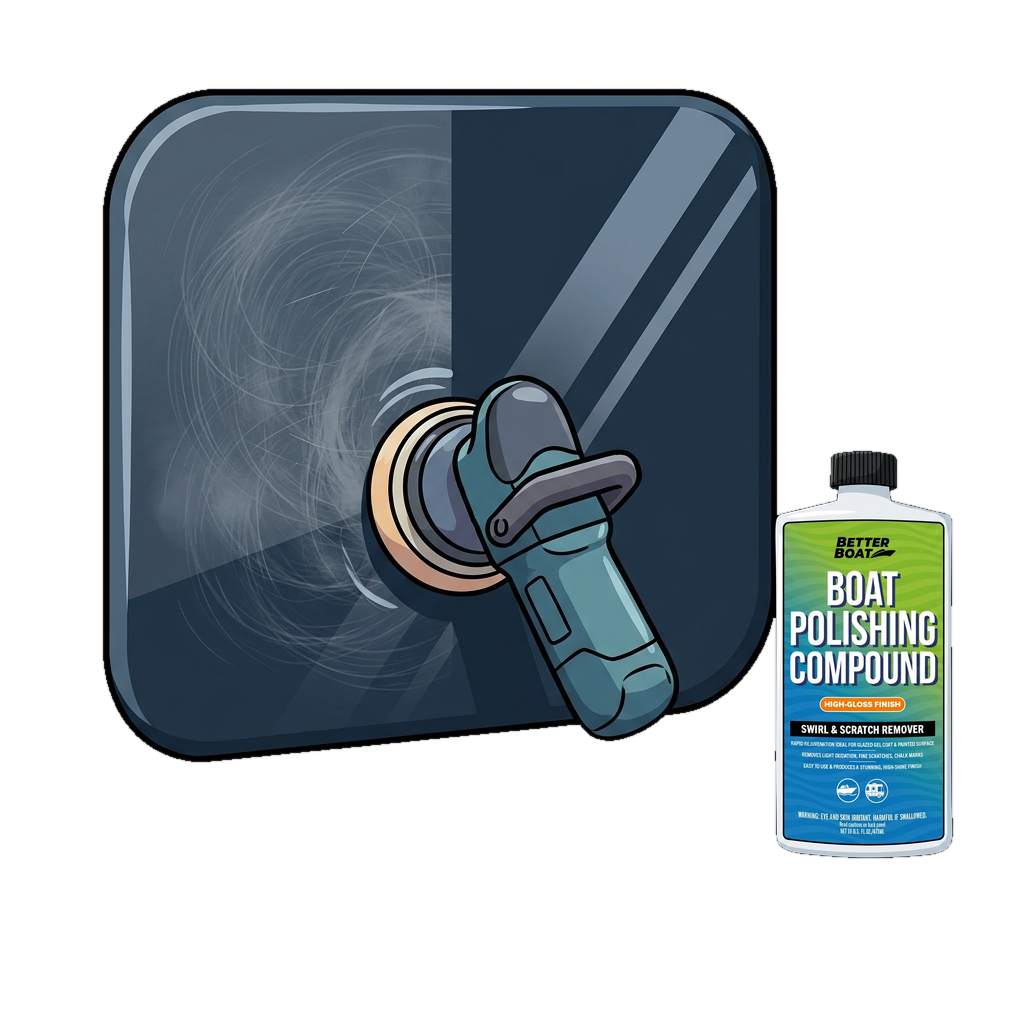 Machine polisher clearing swirl marks from gelcoat with polishing compound