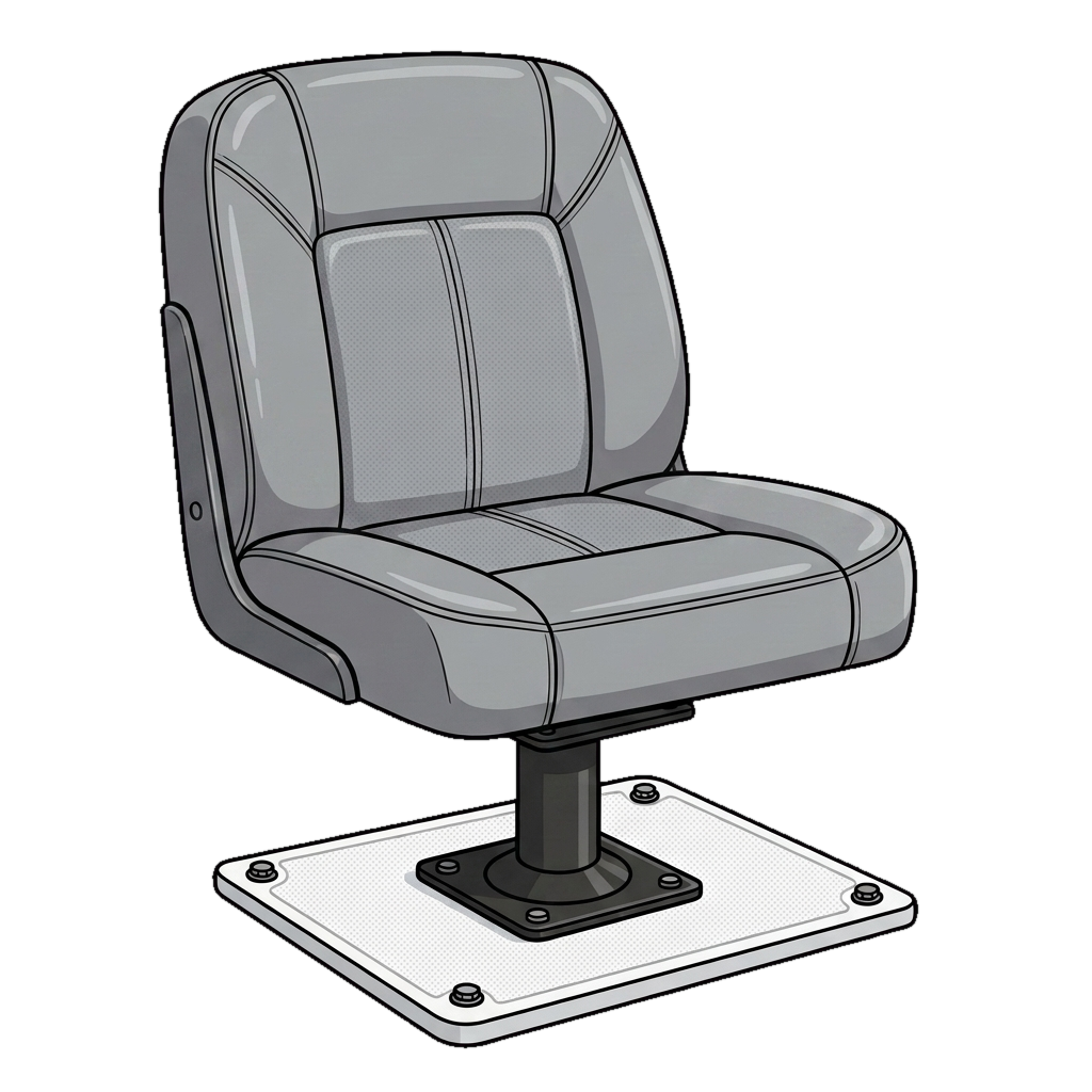 Boat seat mounted solidly on the low steel pedestal bolted to the deck