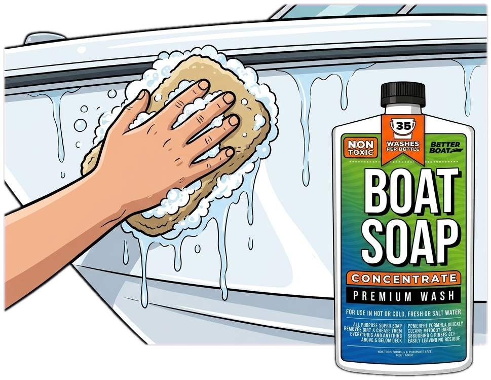 Washing a boat hull with sudsy Better Boat Boat Soap concentrate