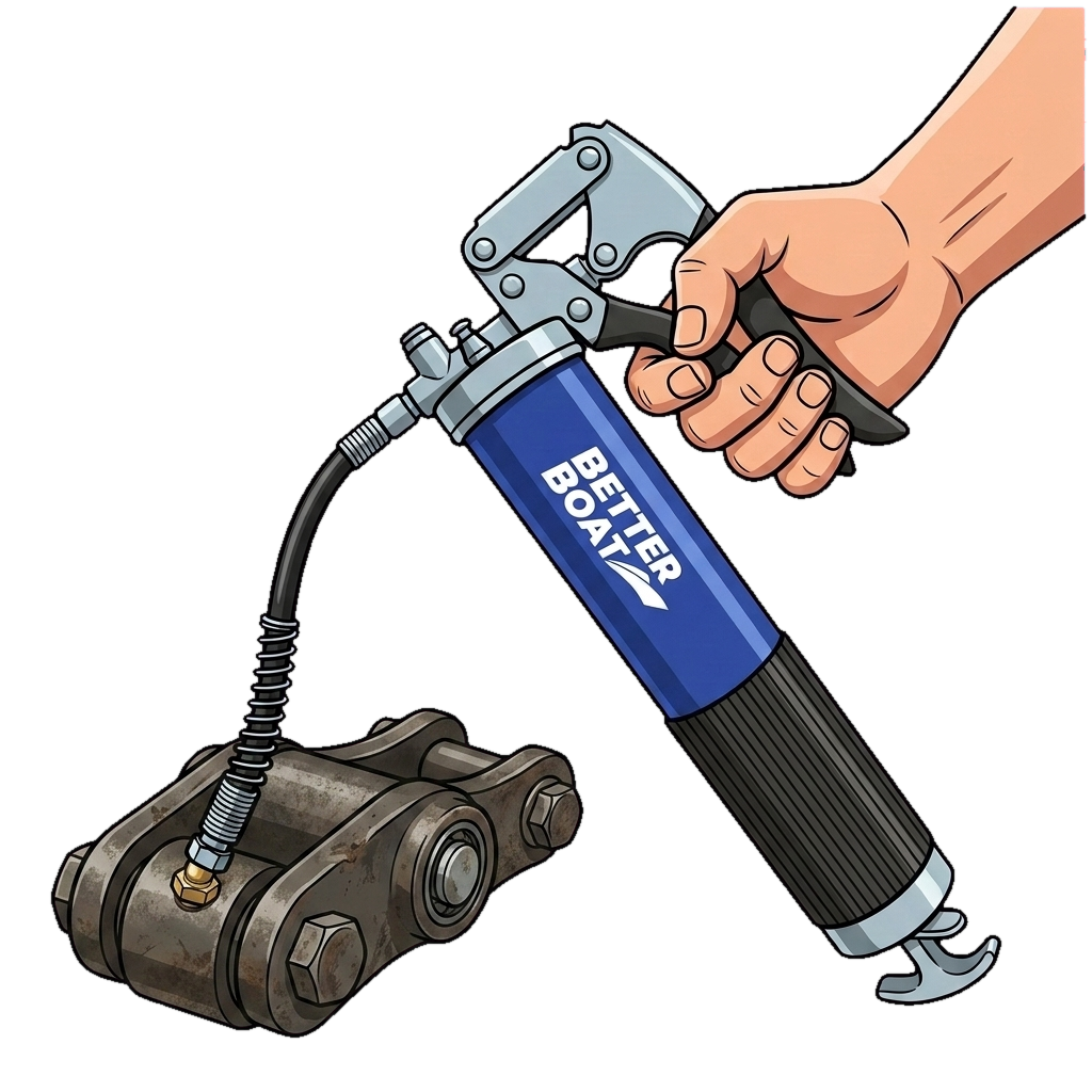 One-hand grease gun using its flexible hose to reach a zerk on a pivot joint