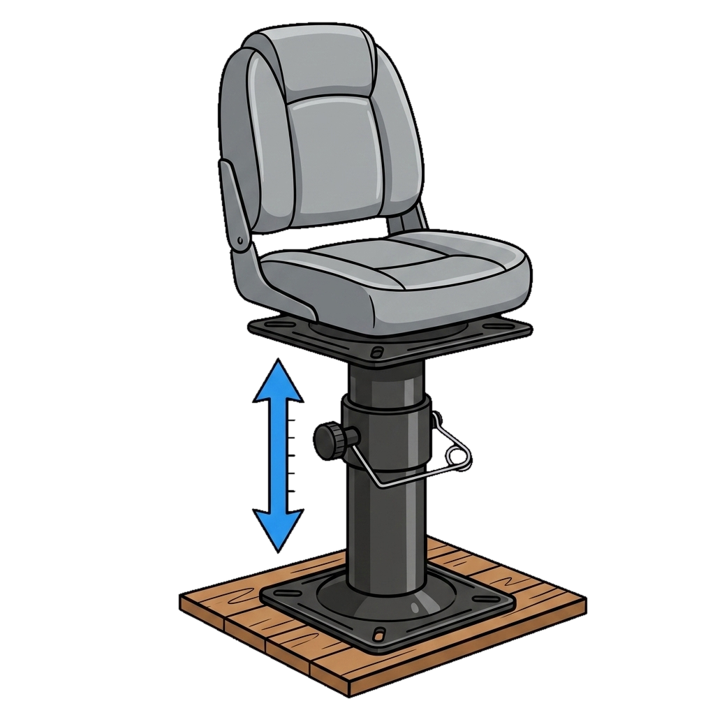 Boat seat on an adjustable pedestal with an up and down height arrow