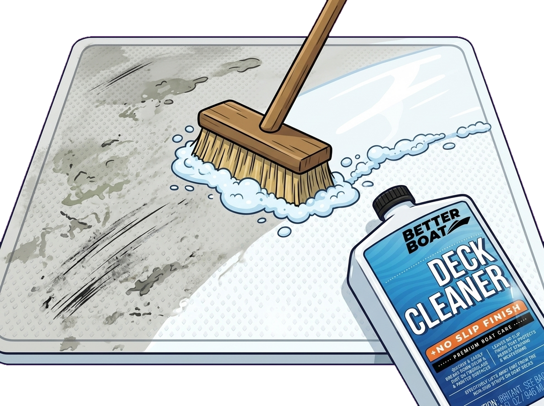 Scrub brush cleaning a dingy non-skid boat deck bright white, with the deck cleaner bottle