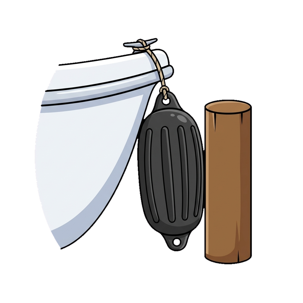 Ribbed boat fender hanging by a line cushioning a hull off a dock piling